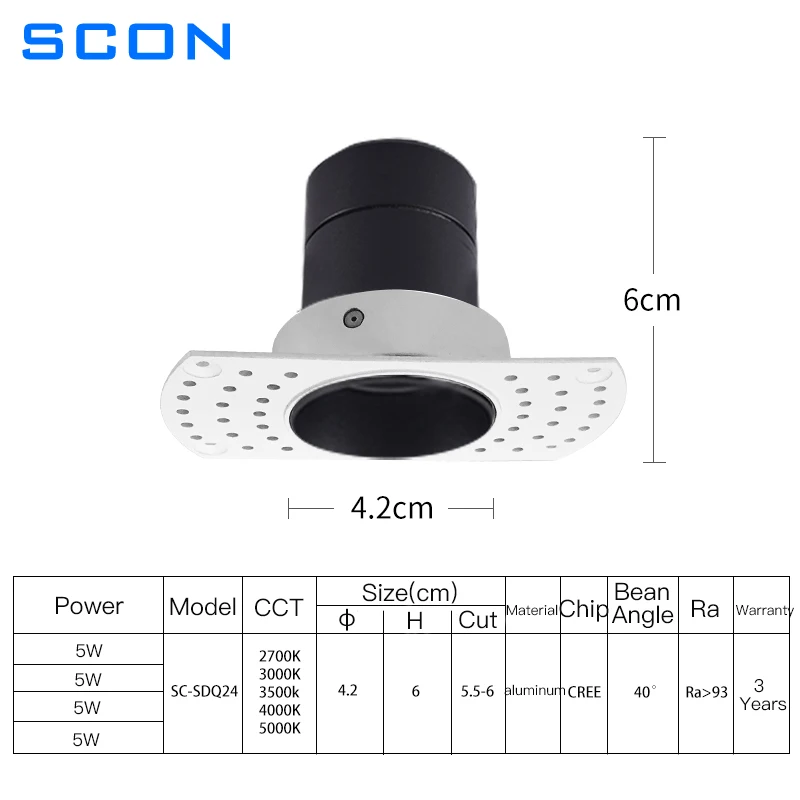 SCON Smart Triac Dimming LED Downlight Borderless Embedded Anti Glare 5W COB Spotlight Lampa sufitowa do salonu Sypialnia