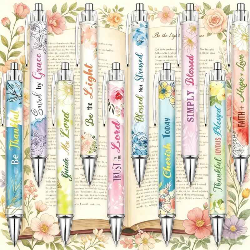

17pcs inspirational Bible scripture ballpoint pen, extendable, featuring floral patterns and quotes of faith and encouragement