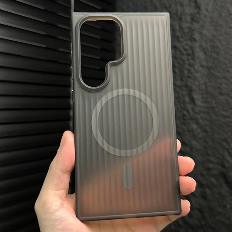 Luxury Matte Stripe Translucent Case For Samsung Galaxy S25 S24 S23 S22 S21 Plus Ultra Magsafe Wireless Charge Shockproof Cover