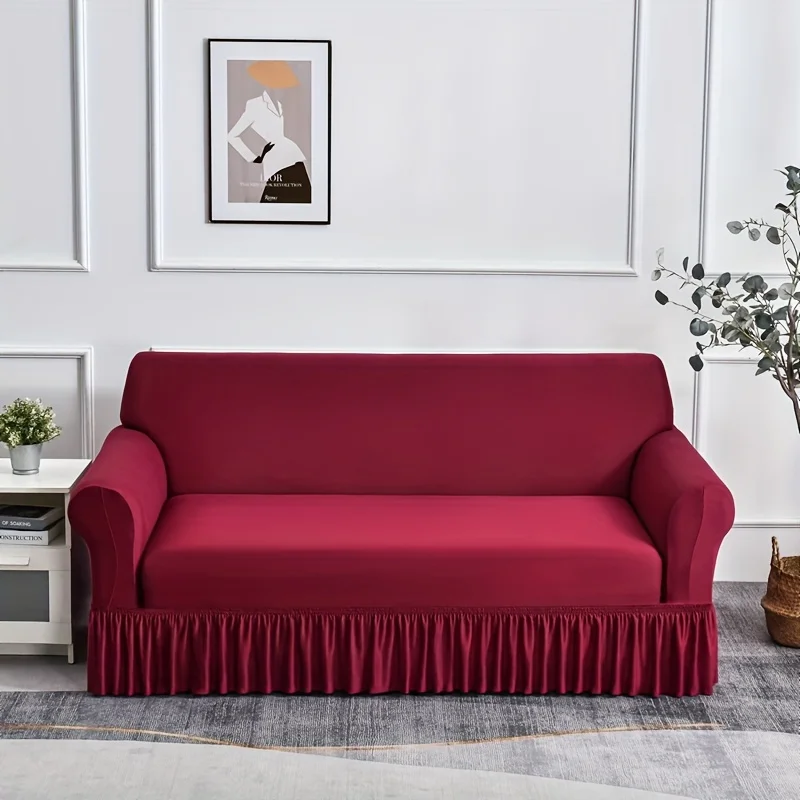 1pc Stretch Sofa Slipcover Non-slip Sofa CoverWith Skirt Solid Color Couch Cover for Bedroom Office Living Room Home Decor