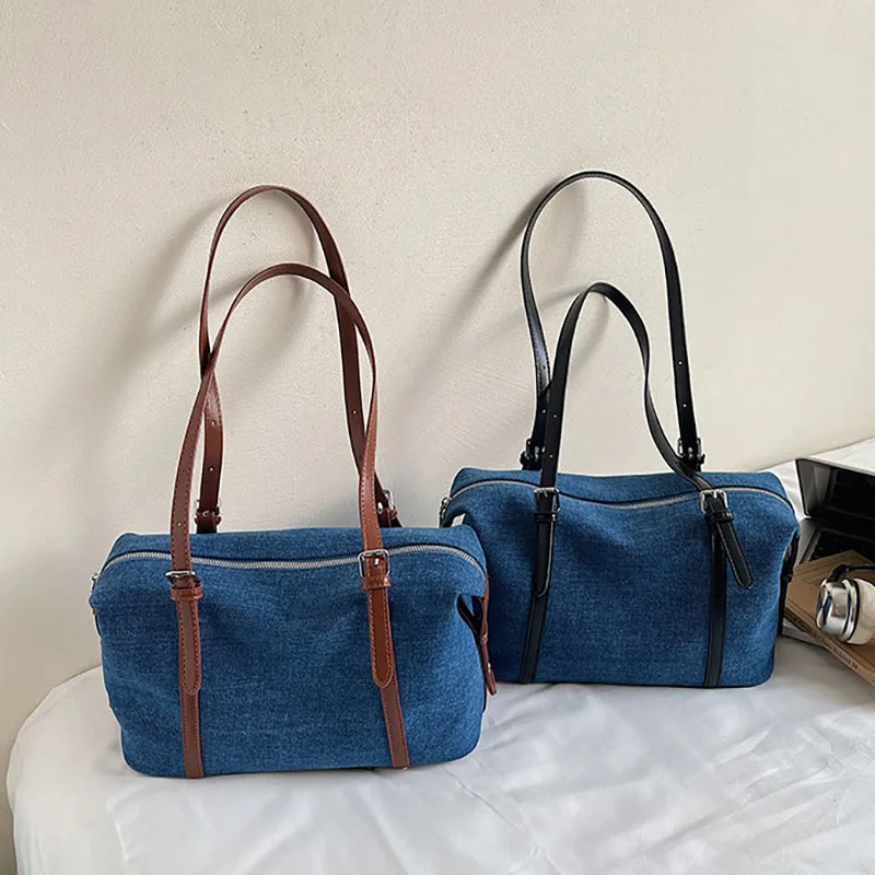 

Large Capacity Women'S Handbag Denim Shoulder Bag Fashion Korean Version Armpit Bag Retro Blue Tote Bag Pillow Bag