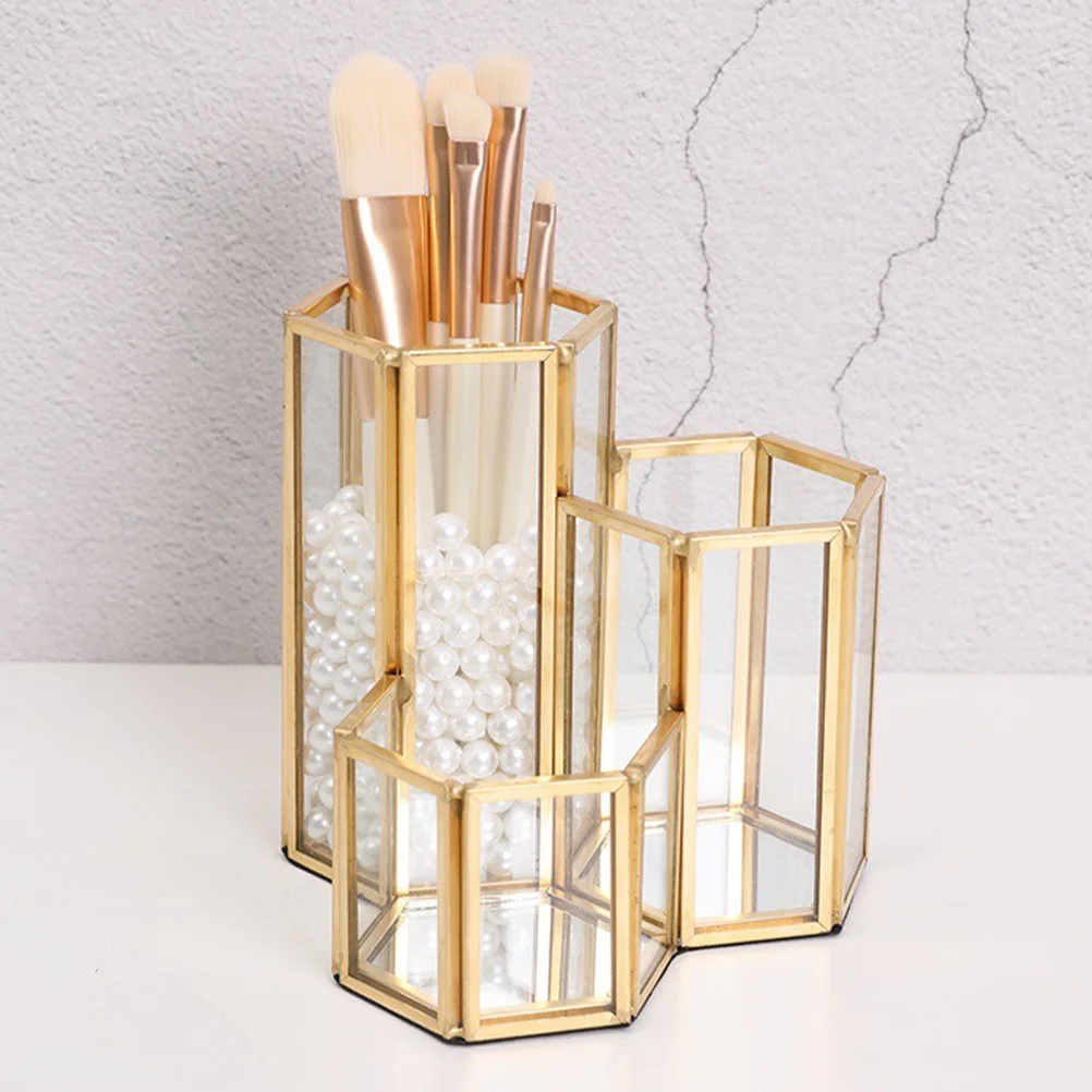 

Makeup Brush Holder Organizer Glass Three-Grid Design Nordic Style Multifunctional Storage for Makeup Pens Desktop Brush