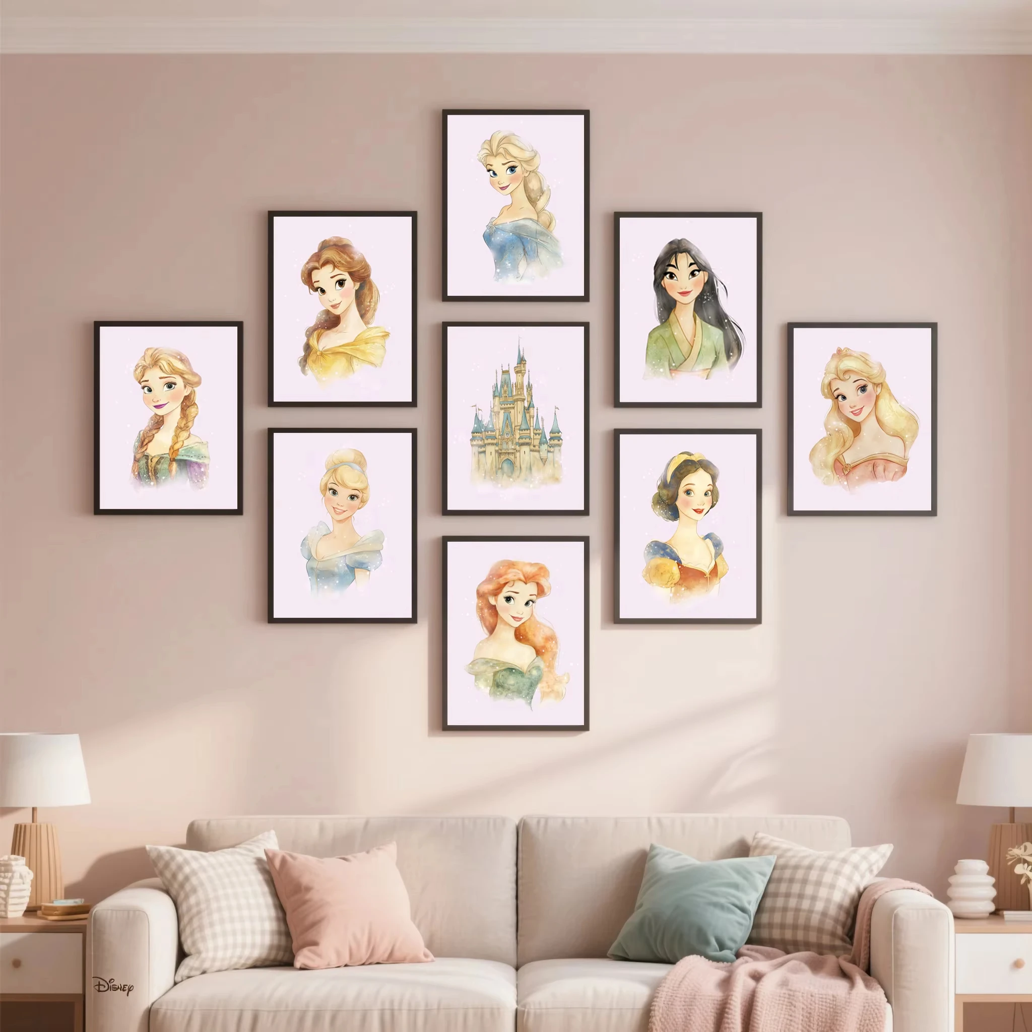 Impresiones artísticas de pared de Castillo de princesa rosa, carteles de dibujos animados de acuarela para guardería, pintura en lienzo de cuento de hadas bohemio, decoración para habitación de niñas
