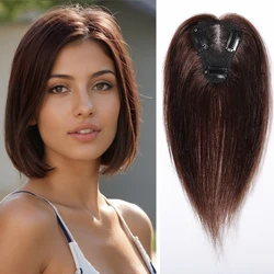 10 Inches Dark Brown Hair Topper for Women 100% Remy Human Hair Topper Hair Pieces Clips in Topper Middle Part Silk Base Topper
