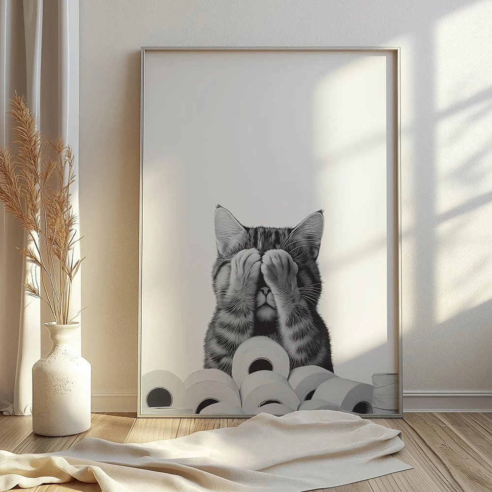 Cute Animal Toilet Living Room Murals Wall Art Poster  Humour Pet Cat Peek-a-Boo Canvas Painting Funny Bathroom Home Decoration
