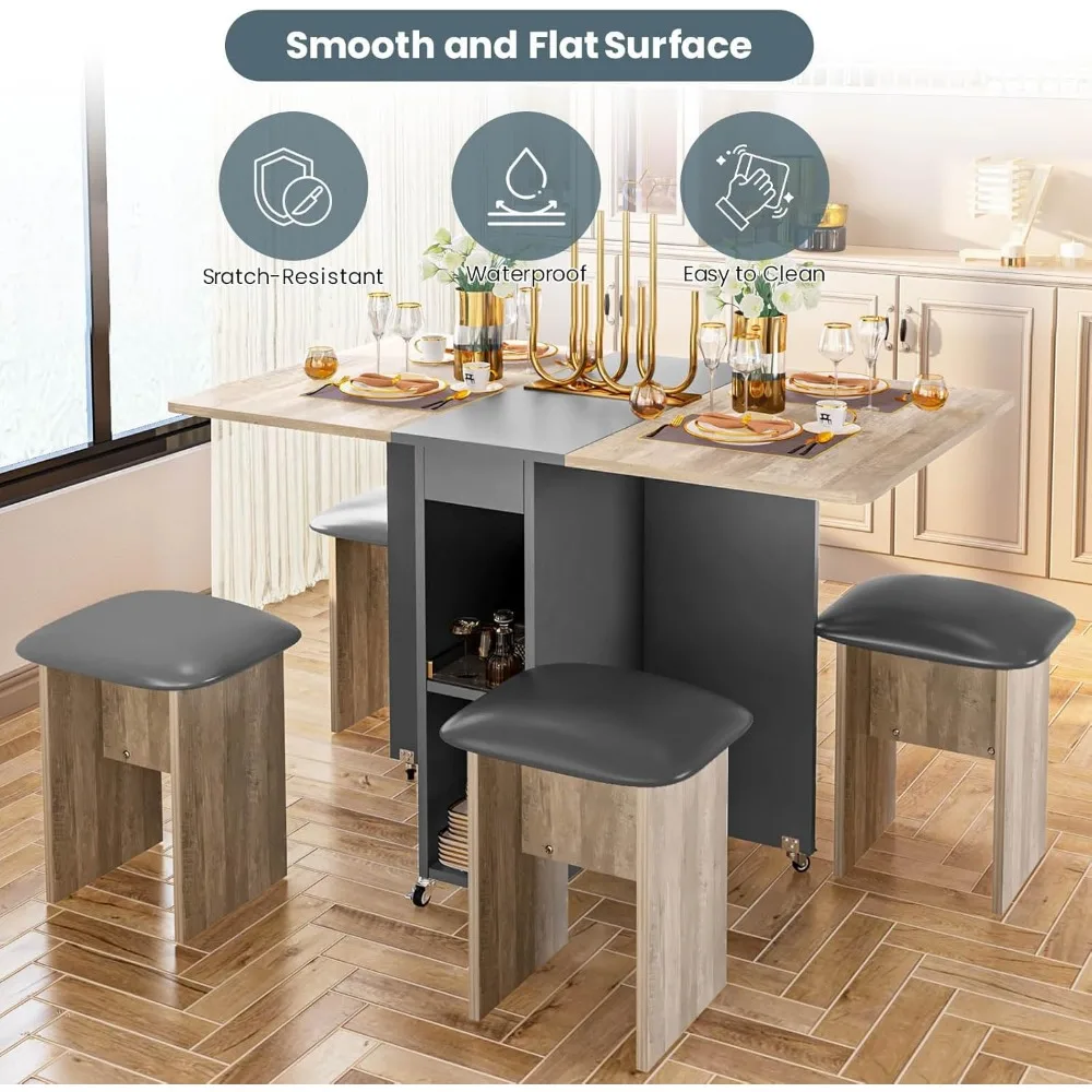 Ensemble de table à manger pliante pour 4 personnes, table queen avec 4 chaises et étagères en cuir, table à manger pliable peu encombrante avec 6 roues