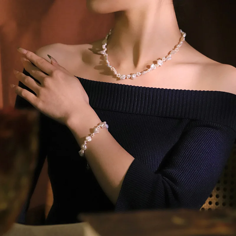 Minimalist Baroque Irregular Pearl Sets Handmade Flower Necklace Bracelet Elegant Lady Charm Neck Wrist Jewelry Holiday