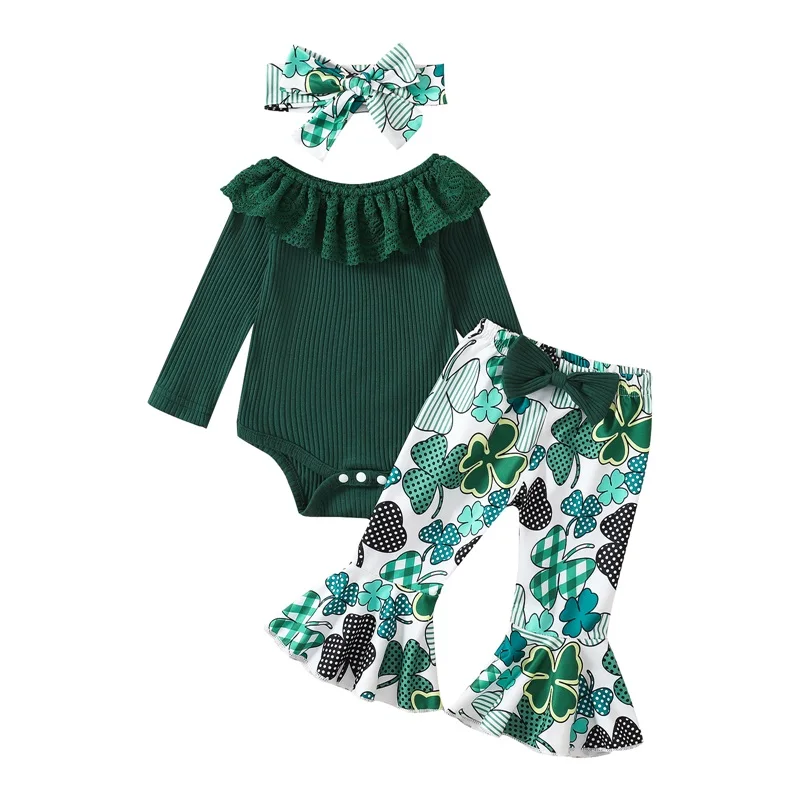 

3Pcs Baby Girl Spring Outfits Cute Lace Collar Romper + Shamrock Flare Pants + Headband Set 0-18Mothes Clothes Set