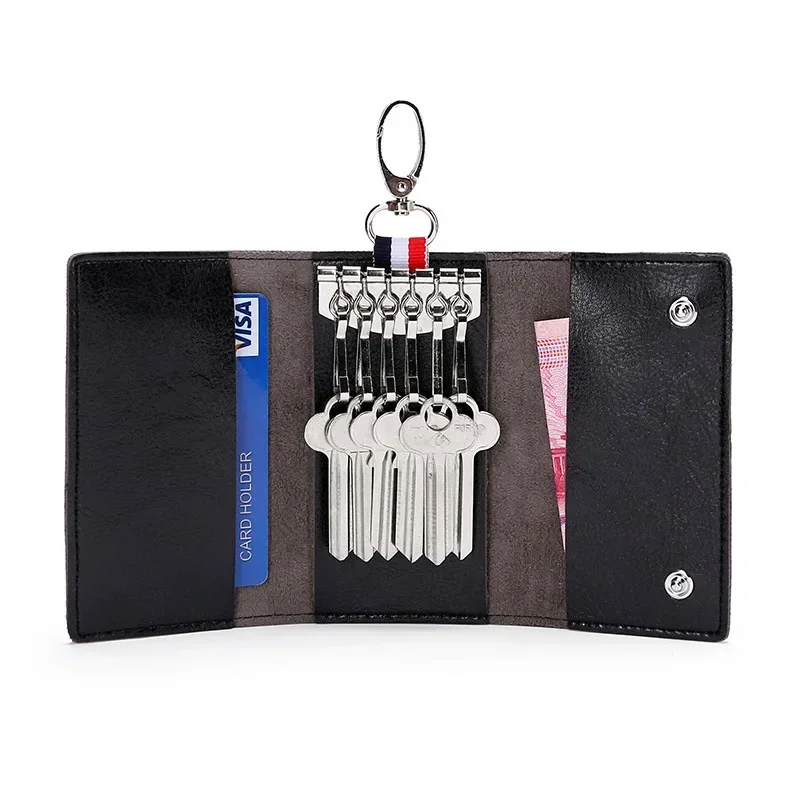 Household Key Bag Multifunctional Waist Hanging 3 Fold Key Bag Retro Oil Wax Bright Leather Change Card Key Bag Car Keys Holder