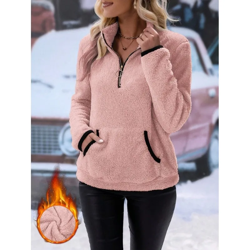 Women's Fuzzy Half Zip Pullover Sweatshirt Long Sleeve Fleece Top with Kangaroo Pocket Autumn Winter Warm Casual Coat