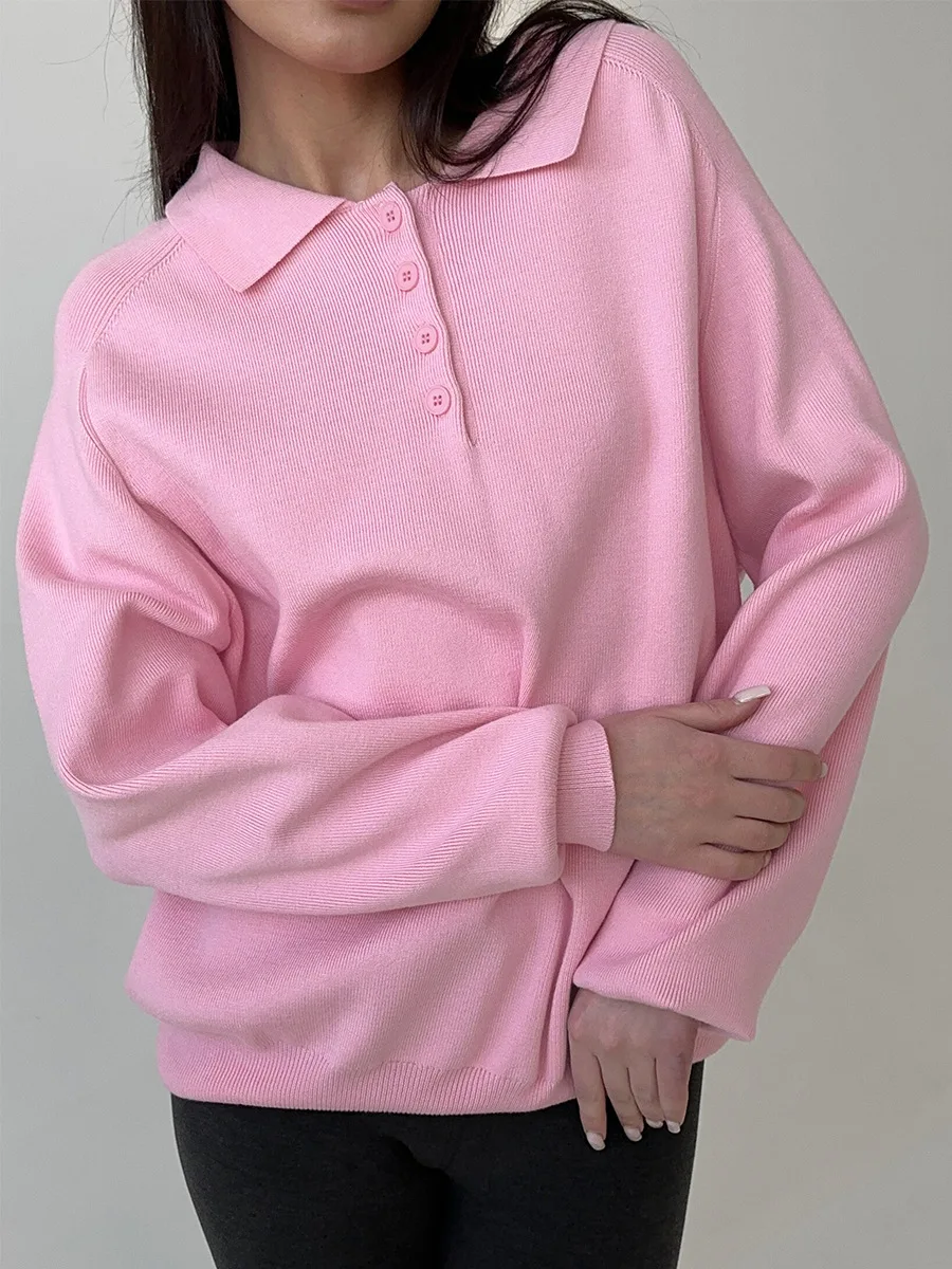 Wolfeel 2026 Spring New Polo Collar Knitted Top Loose Casual Home Lazy Style Button Collar Long Sleeve Hoodie