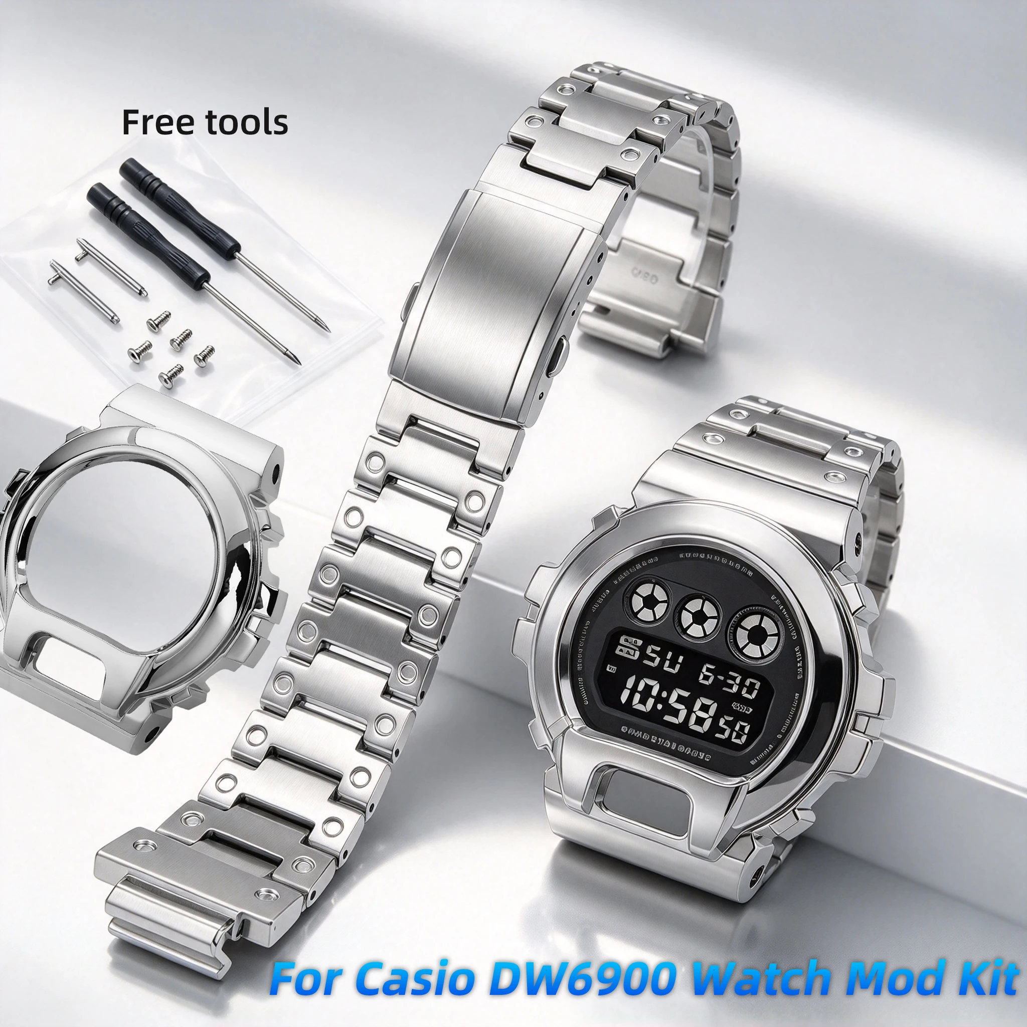 Modidied DW6900 Watch Mod Kit For Casio DW-6900 Stainless Steel Watch Strap Waterproof Metal Watch Case Watch Shell Watch Chain