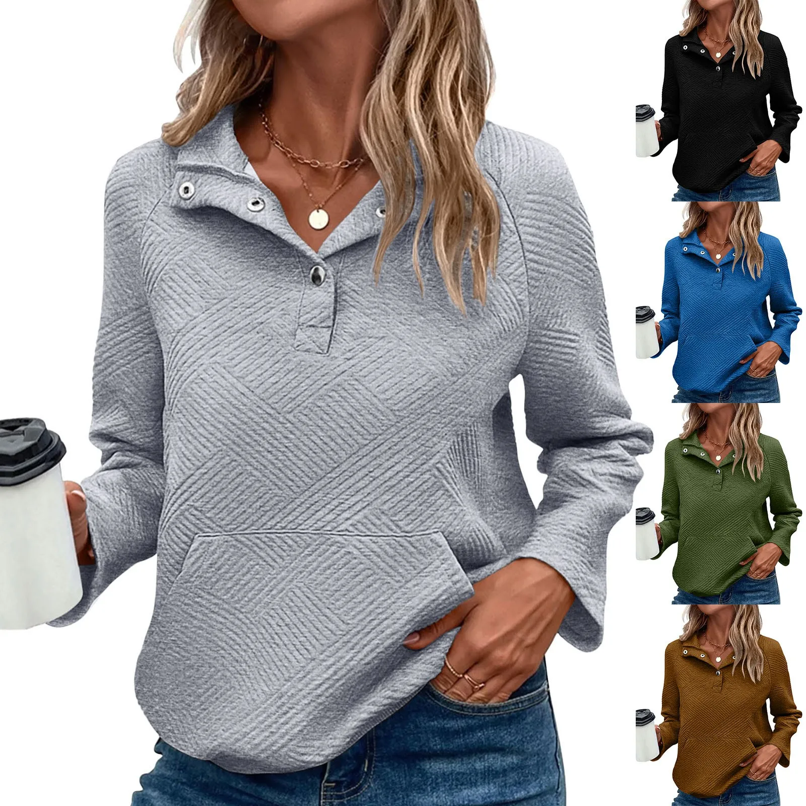 

2024 New Women's Sweatshirt Casual Textured Long Sleeve Button V Neck Outfits Tops Fashion Autumn Winter Sweatshirts For Women