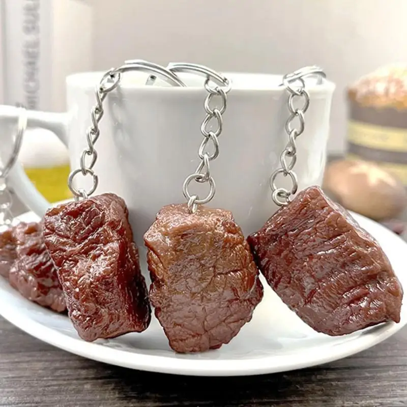 W89C 6PCS BTOAK thực tế Keychain bít tết nhân tạo