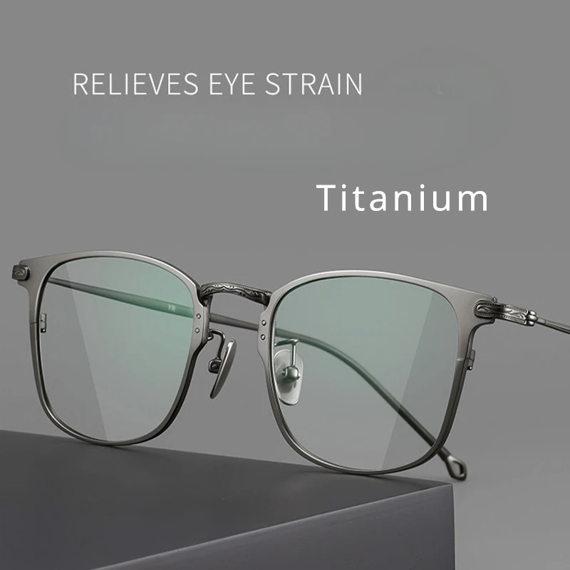 New Pure Titanium Eyeglass Frame with Classic Retro Ultra Light Eyeglass Details Carved Flat Mirror Anti Blue Light Man Woman