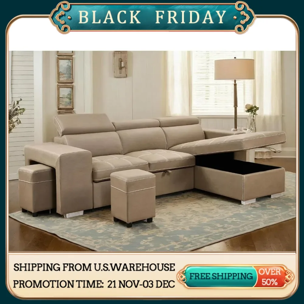 102 inch ultra-fine fiber segmented sleeper sofa. Convertible L-shaped sofa with pull-out bed