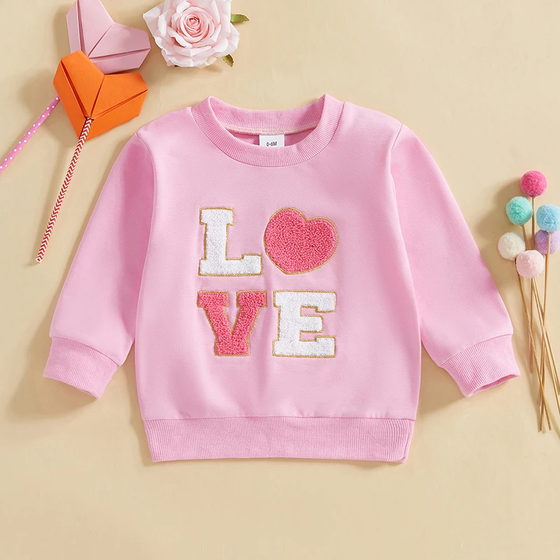 Valentine's Day Spring Kids Baby Boys Girls Casual Sweatshirts Long Sleeve Crew Neck Letter Heart Embroidery Pullover Tops