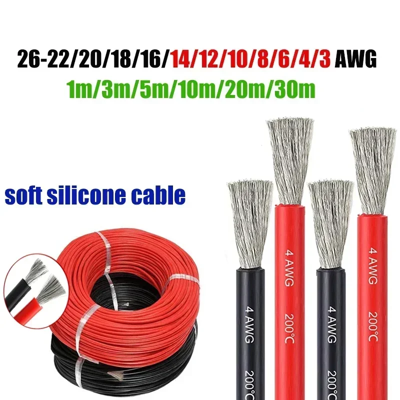 Heat Resistant Soft Silicone Wire 14 12 10 8 6 4 3 0 AWG Gauge Red Black Power Electrical Cable for Car Solar Battery LED Light