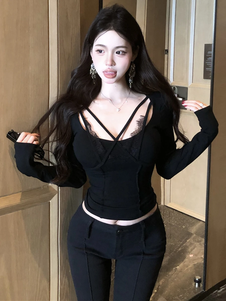 Sexy Pure Desire Lace Patchwork Cross Tie Design Long Sleeve Slimming Beautiful Base Top for Young Girls Spring Polyester