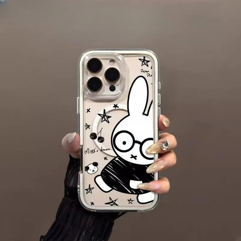 Coque de téléphone rétro Kawaii Miffy avec lignes noires magnétiques mignonnes pour Apple 16 15 14 13 12 11 Pro Max Plus Huawei Mate et Pura