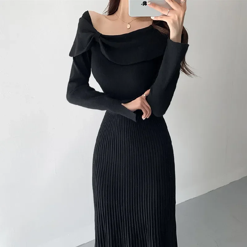 

2021 Women Elegant Solid Pleated Dresses High Waist Slim Knitted Gentle Noble Female Fall Winter Office Lady Vestidos Dresses