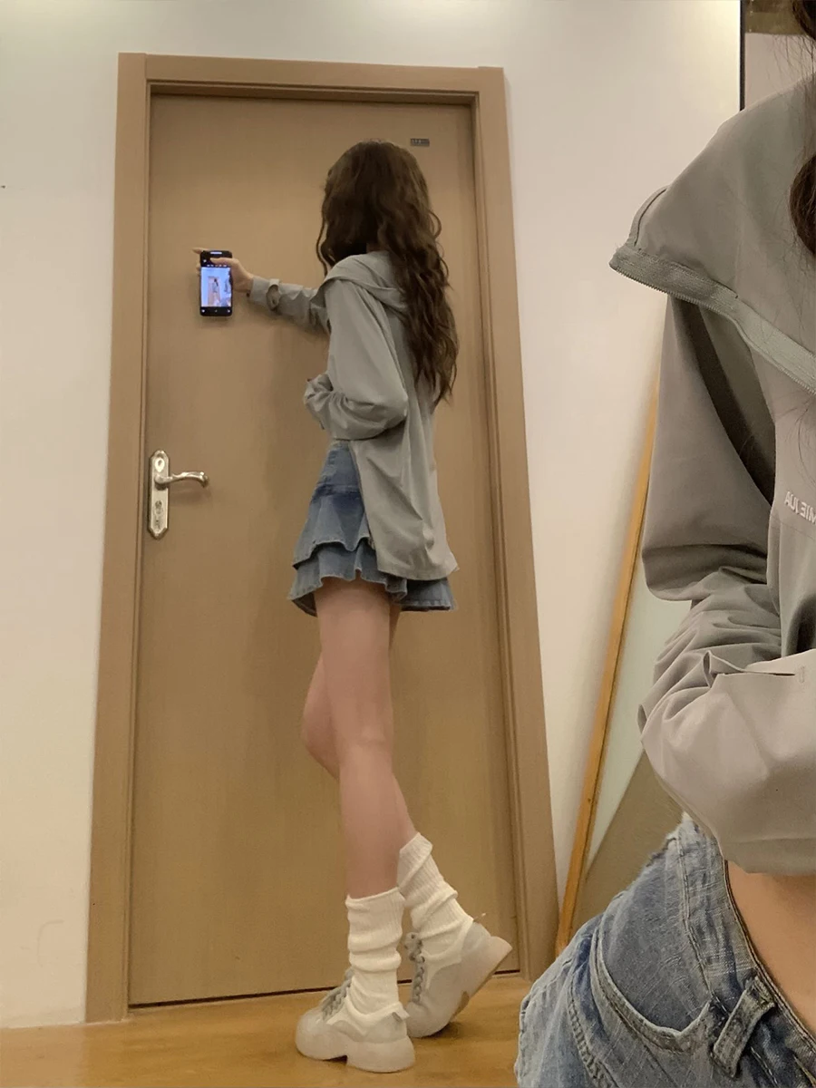 

High Waist Denim Skirt Women's Spring Summer A-Line Pleated Skirt Korean Sle Commute Pure Color ort Skirt