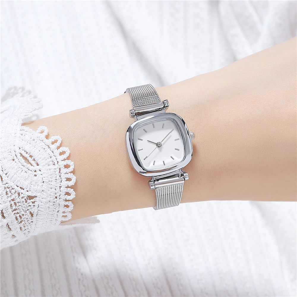 fashion small square dial silver mesh steel quartz women lady watch