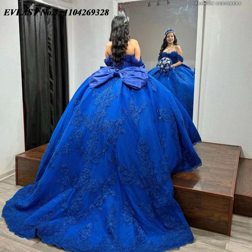 

EVLAST блестящее королевское синее платье Quinceanera по индивидуальному заказу, бальное платье с кружевной аппликацией и бантом из бисера, милое платье 16, Vestidos De 15 Anos E3Q738