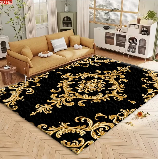 Black Background Gold Luxury Baroque Damask Carpet Flooring, Classic Noble Non-Slip Area Rug for Living Room Bedroom Office Home Decor