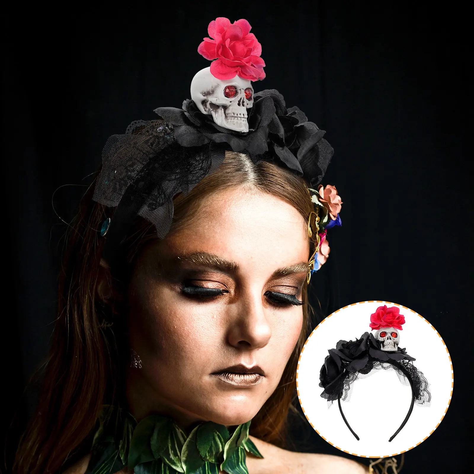 

Повязка на голову с черепом, аксессуар для косплея на Хэллоуин, кружевной цветочный венок с розами, головной убор на День мертвых, фестивальный головной убор