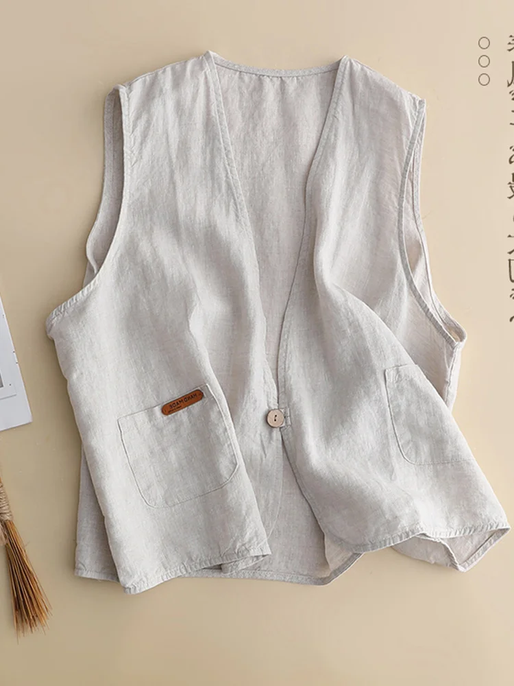 

Японский тонкий хлопковый льняной жилет, свободная рабочая одежда с v-образным вырезом, женский модный летний однотонный однотонный жилет на одной пуговице