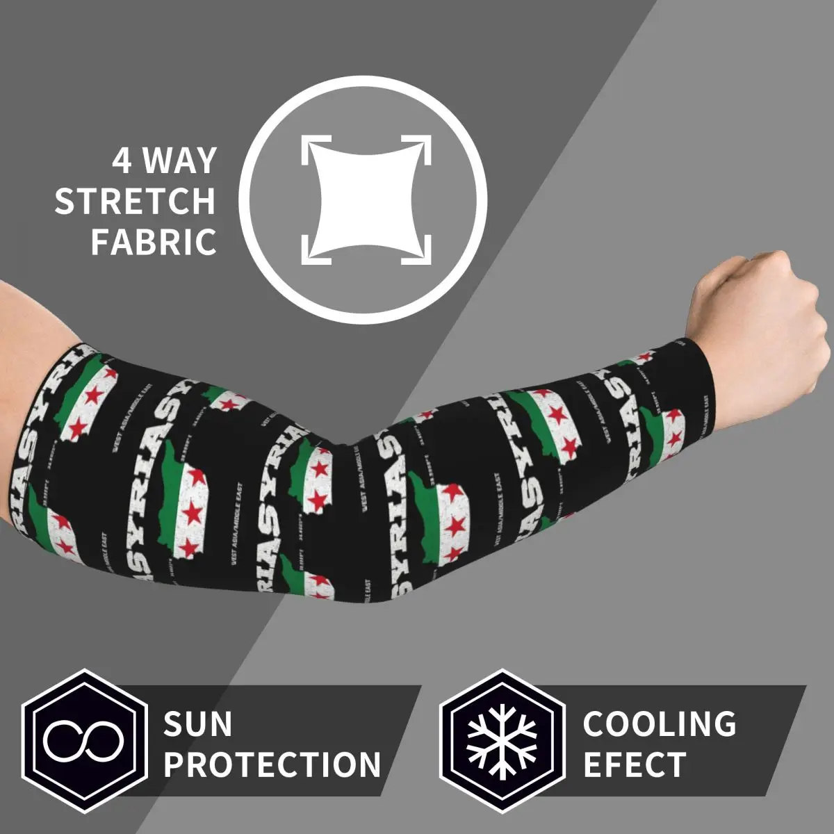 Mapa de la bandera siria, coordenadas de Siria, localización de Siria Mangas de brazo Hombres Mujeres Protección solar UV Tatuaje Cubrir Deportes Ciclismo