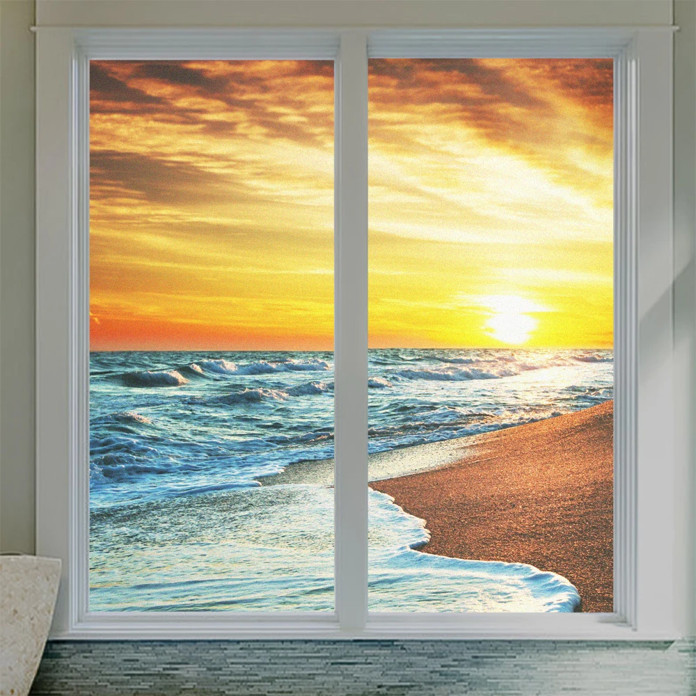 

Privacy Glass Window Film Seaside Sunset Pattern Frosted Glass Door Stickers Glue-Free Electrostatic Anti UV Glass Window Film