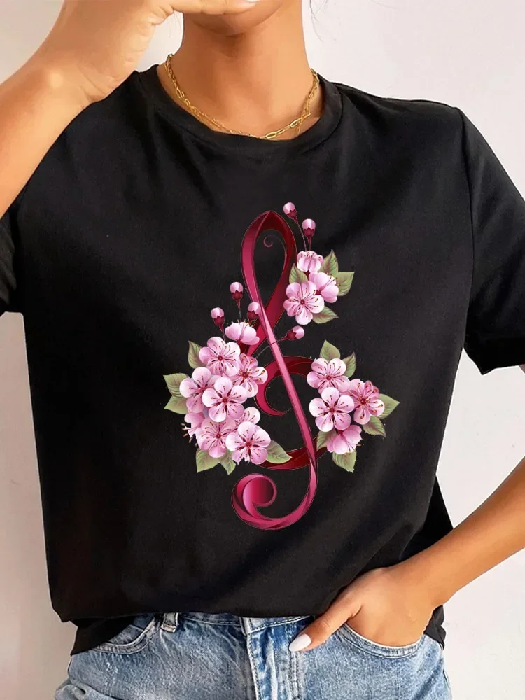 

Music Notation Flower Printed T Shirt Fashion Women Short Sleeve Round Neck High Quality Cotton Tee Shirt