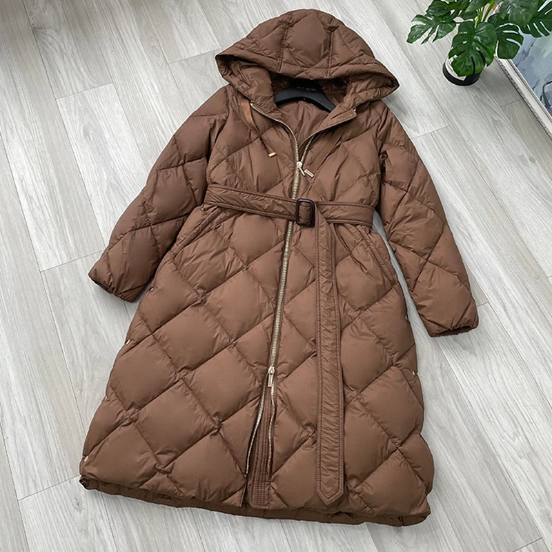 Luxury Women Hooded down jacket with belt Winter Camel Hooded Long puffer coat Parks Zipper Outwear Fashion  INKEO 2O196