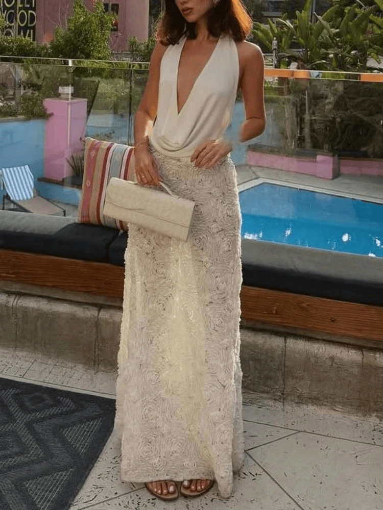 ชุดราตรีผ้าลูกไม้ผูกคอแบบหรูหรา ผู้หญิงเซ็กซี่ แขนกุด ชุดยาวสีพื้น แฟชั่นประดับดอกไม้สามมิติ ชุดเดรสยาว