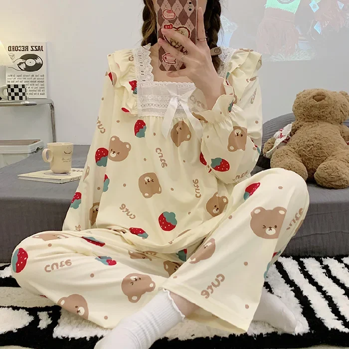 Spring and Autumn New Women's Pajamas Lace Long-sleeved Trousers Bear Print Princess Cartoon Loungewear Set Pajamas