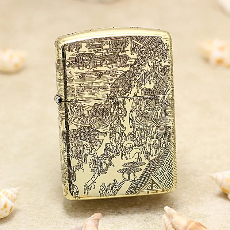 

Genuine Zippo Qingming River Map oil lighter copper windproof cigarette Kerosene lighters Gift with anti-counterfeiting code