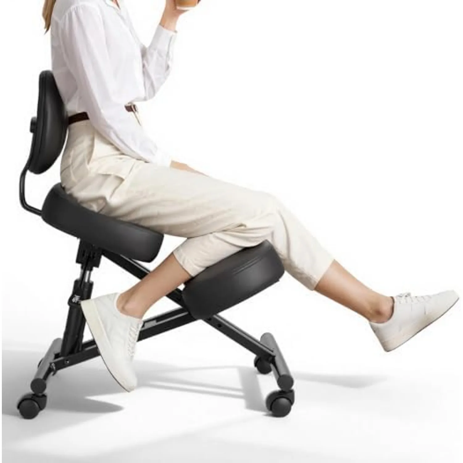 Ergonomic Kneeling Chair with Backrest & Wheels, Mobile X-Shaped Posture Knee Chair with Adjustable Height & Thick Foam