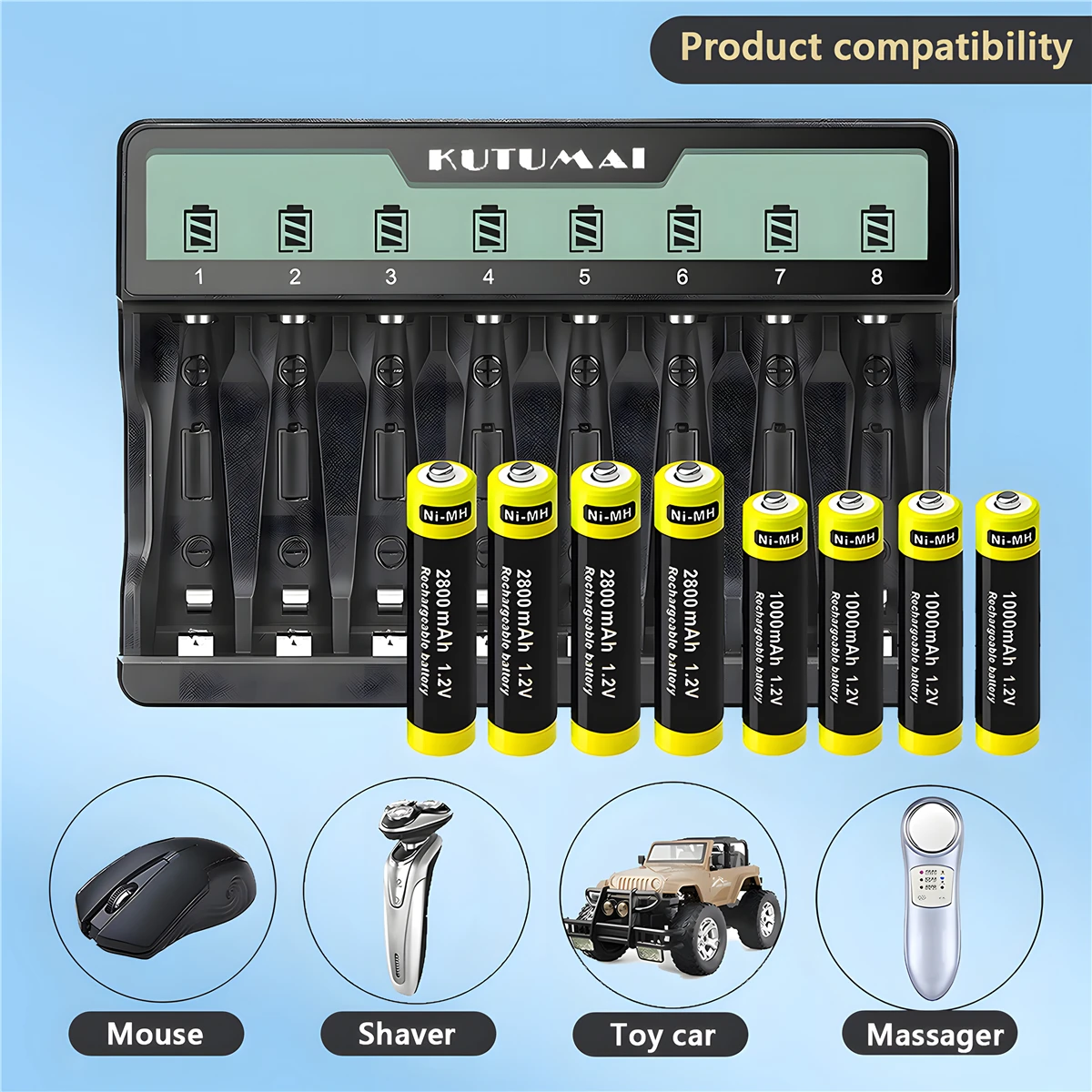 Battery Charger 8 Slots Smart Protection LCD Display USB Output For AA/AAA Ni-MH NI-CD Independent Rechargeable Batteries Charge