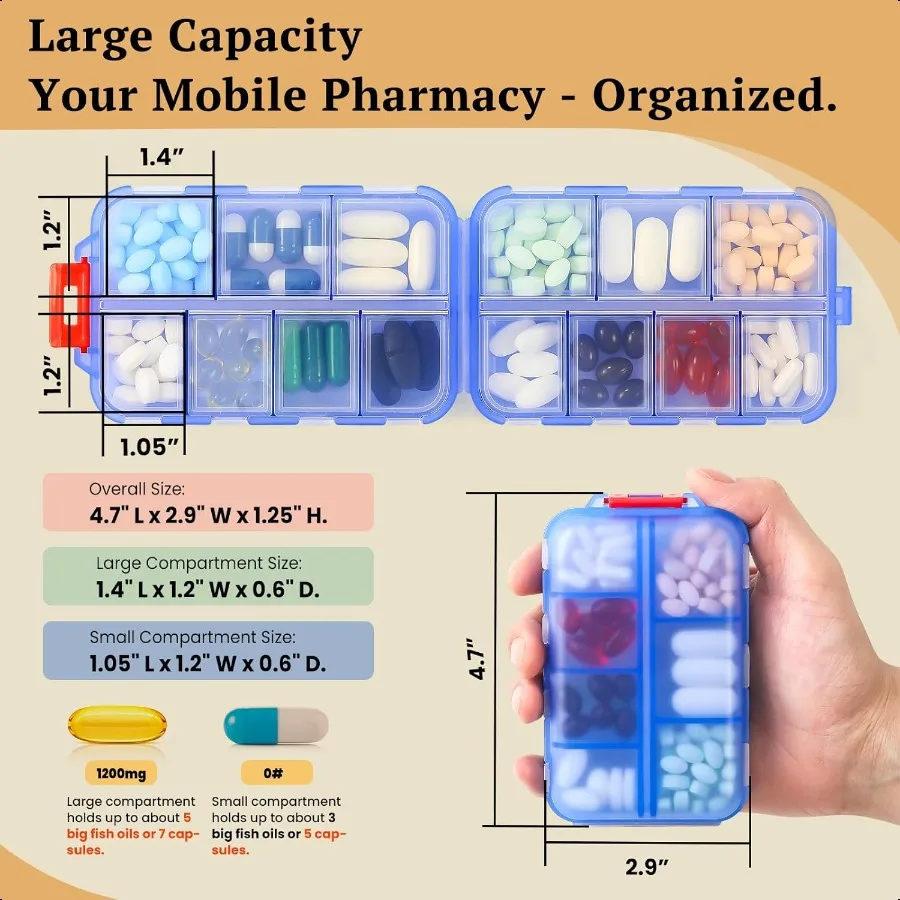 منظم حبوب السفر مع ملصقات وملصقات كبيرة صغيرة ومحمولة للطب اليومي لحقيبة الجيب 14 مقصورة قابلة للطي