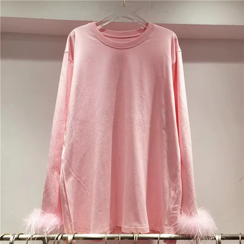 Feather Cuff Design Bottoming Shirt Women 2024 Autumn and Winter Long-sleeved T-shirt Round Neck Pink Top Oversized T Shirt