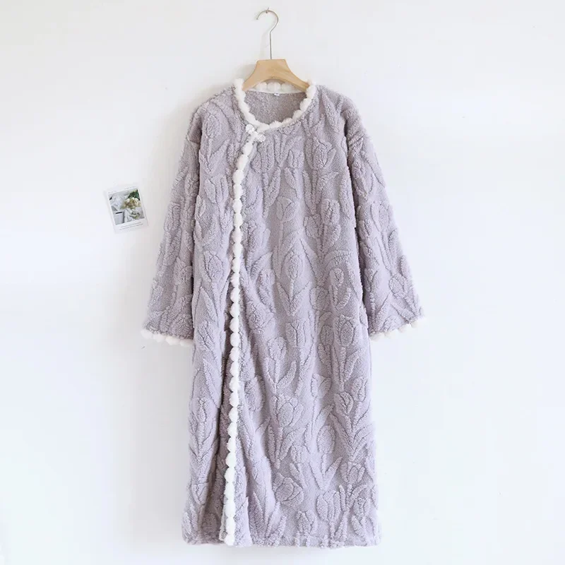 2024 New Autumn/Winter Women\'s Flannel Sleeping Skirt Long Sleeve Thickened Warm Long Style Loose Sleeper Robe Home Clothing