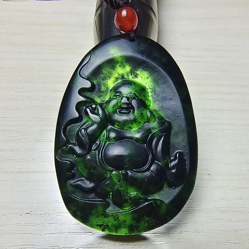 

Black Green Jade Buddha Pendant Necklace Accessories Jewelry Amulets Green Gifts Women Natural Carved Real Charm Sweater Chain