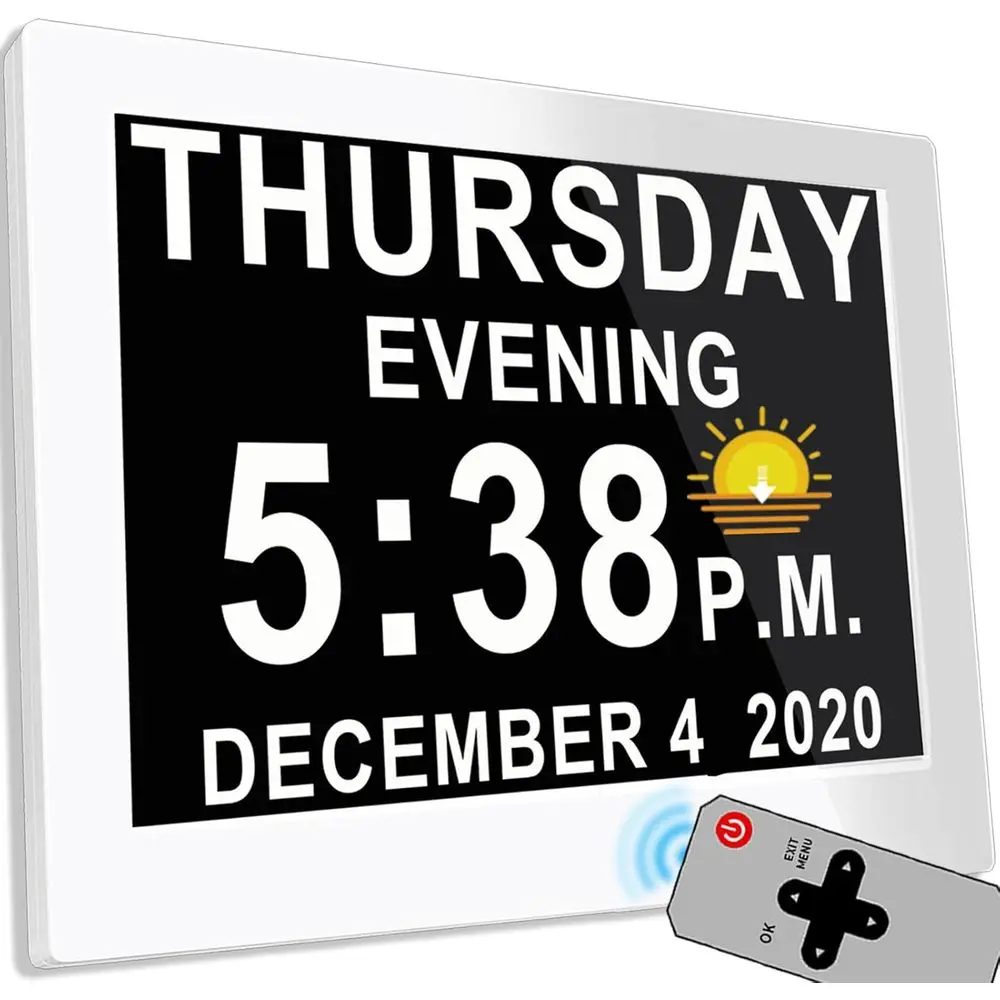 

8 Large Dementia-Friendly Digital Clock with 19 Alarms, Auto DST, 20 Reminders, 10-Level Dimming, Date & Time Display, White wit