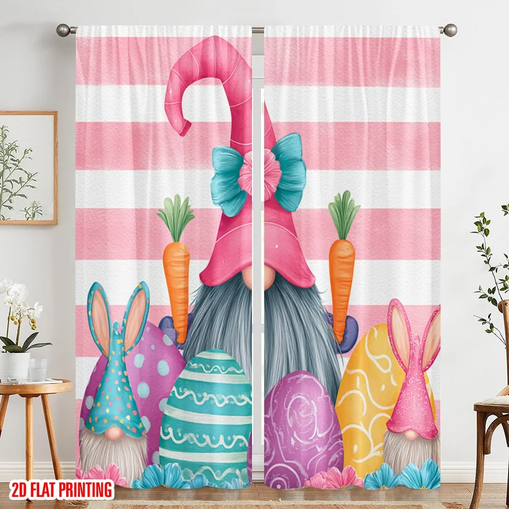 2 Stück 2D-Flachdruck-Szenenvorhang, Osterzwerg, Haseneier, Frühling, Polyester, ohne Strom, 0, perfekt für den Innenbereich