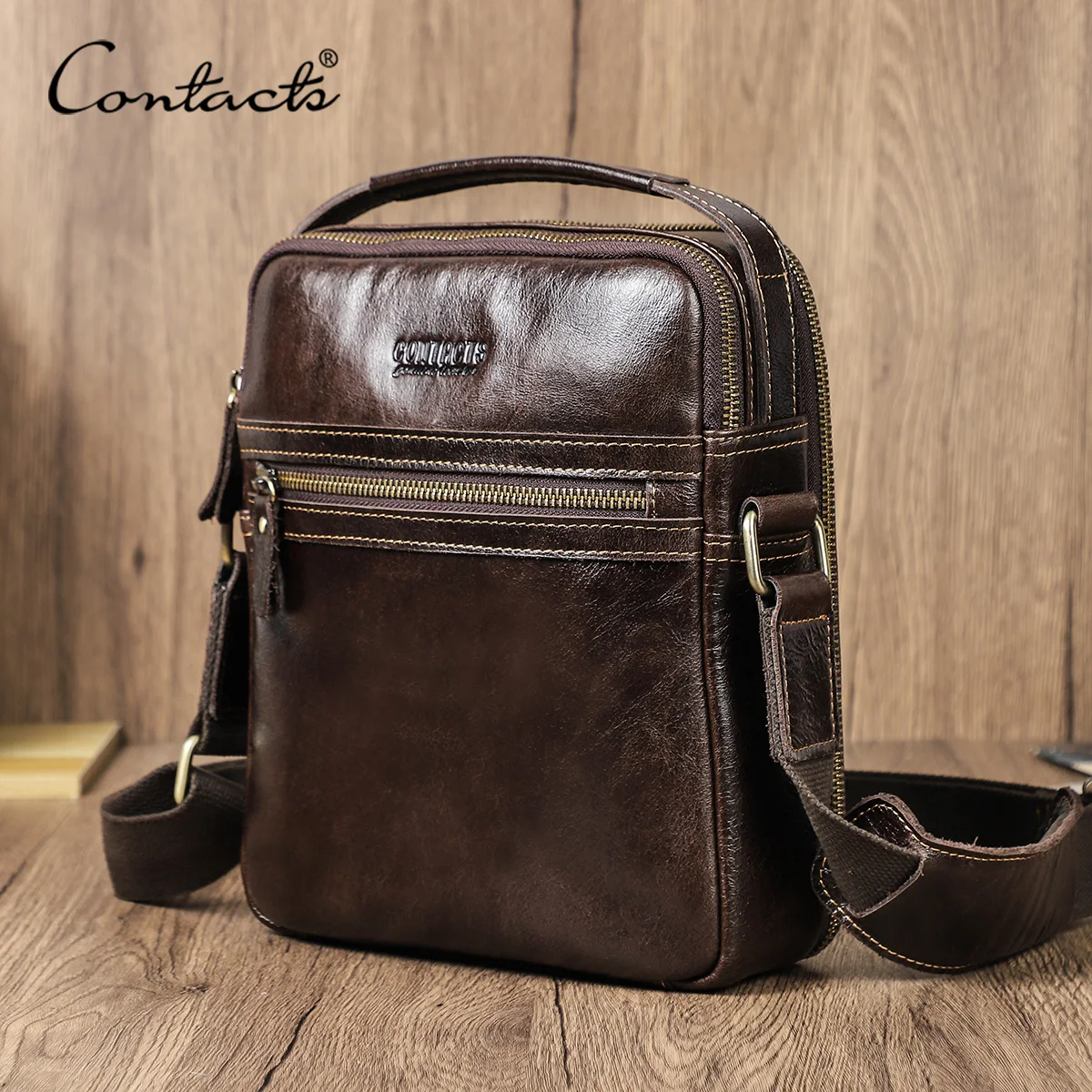 

CONTACT'S Genuine Leather Sling Shoulder Bags for Men Crossbody Bag Messenger Bag Male Travel Bag Passport Cover Phone Pocket