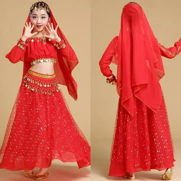 Conjunto de traje de danza del vientre para niños, ropa de actuación de baile indio, Sari Bollywood, nuevo estilo de moda