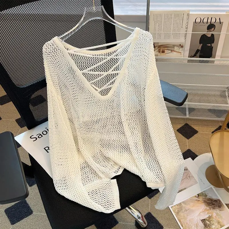 

V-neck Solid Hollow Color Perspective Pullovers Summer Long Sleeved Breathable Top Loose Coverup Fashion Casual Women Clothing