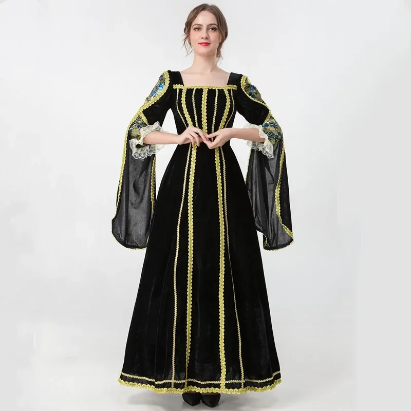 

Renaissance Vintage Palace Medieval Costume Women Cosplay Princess Velvet Flare Sleeve Party Long Robe Dress